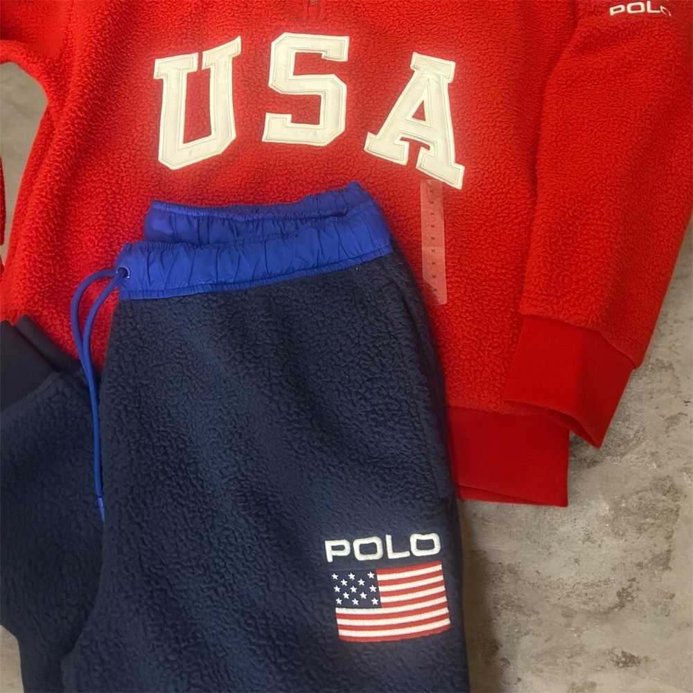 Polo Ralph Lauren Red USA FLAG 1/4 Zip Pile Fuzzy Fleece Pullover XL & Blue Pant